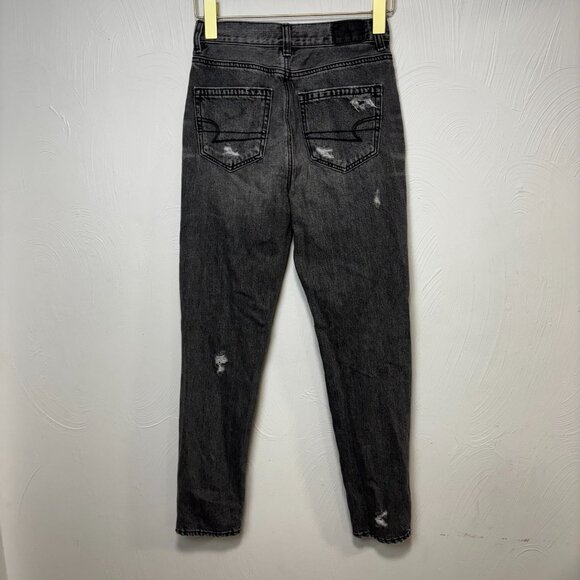 American Eagle Mom Jeans Black Dark Wash Distressed Casual Cotton Womens 00 Reg - Picture 6 of 8